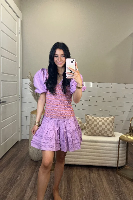 Solid Poplin V-Neck Smock Stitch Dress