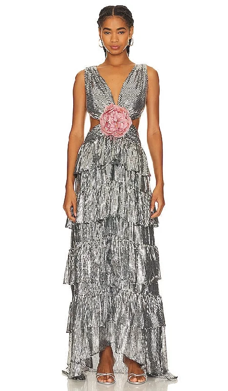 The New Arrivals by Ilkyaz Ozel Shirley Tiered Gown in Metallic Silver