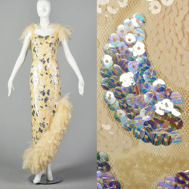 XS 1980s Sequin Formal Gown with Feather Trim