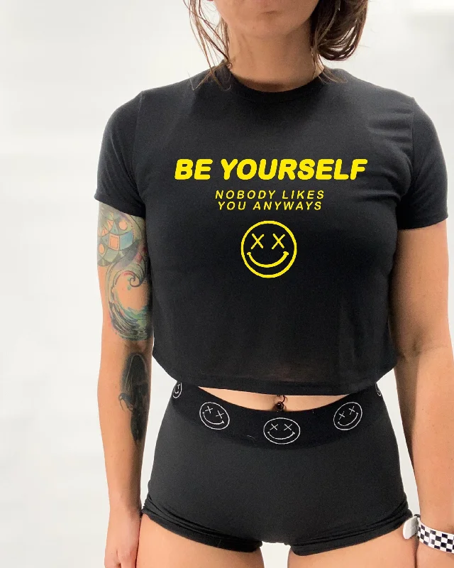 Ladies "Be Yourself Nobody Likes You Anyway" Flowy Crop Tee Ribbed Striped Patterned Ladies "Be Yourself Nobody Likes You Anyway" Flowy Crop Tee Ribbed Striped Patterned