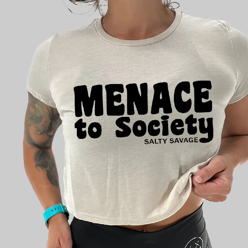 Ladies "MENACE TO SOCIETY" Flowy Crop Tee Chenille Fabric Brocade Fabric Lace Fabric Ladies "MENACE TO SOCIETY" Flowy Crop Tee Chenille Fabric Brocade Fabric Lace Fabric