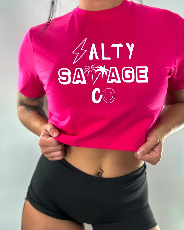 Salty Savage Ladies "90’s Logo" Performance Crop Tee Print Jacquard Patchwork