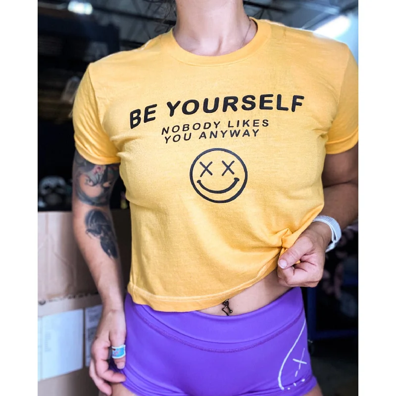 Salty Savage Ladies “BE YOURSELF” Retro Crop Tee | Yellow/Black Notch Collar Peter Pan Collar Cowl Neck