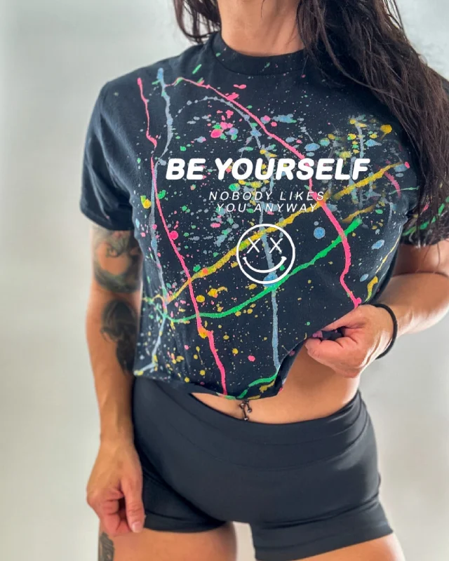 Salty Savage Ladies “Be Yourself, Nobody Likes You Anyway” Paint Splatter Crop Tee Rayon Velvet Corduroy Salty Savage Ladies “Be Yourself, Nobody Likes You Anyway” Paint Splatter Crop Tee Rayon Velvet Corduroy