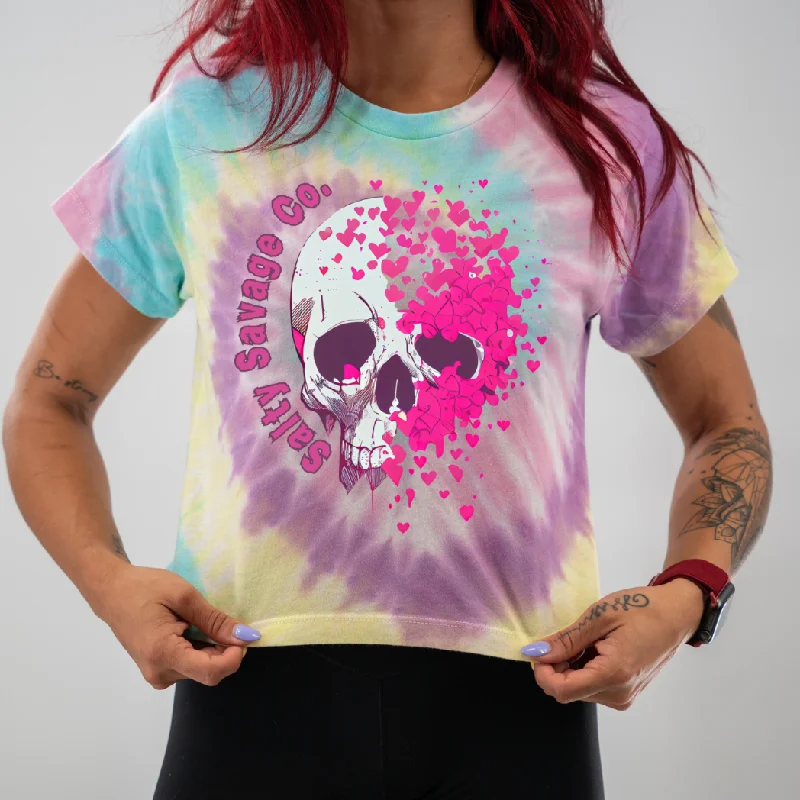 Salty Savage Ladies "Dead Love" Spiral Tie Dye Crop Tee Fashionable Trendy Casual