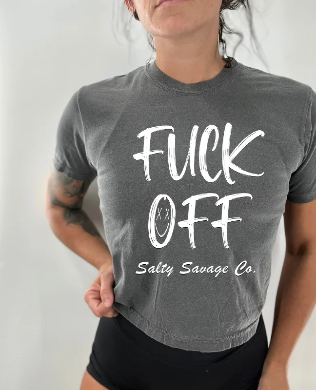 Salty Savage Ladies "FUCK OFF" Mineral Washed Crop Tee Collared Crew Neck Turtle Neck Salty Savage Ladies "FUCK OFF" Mineral Washed Crop Tee Collared Crew Neck Turtle Neck
