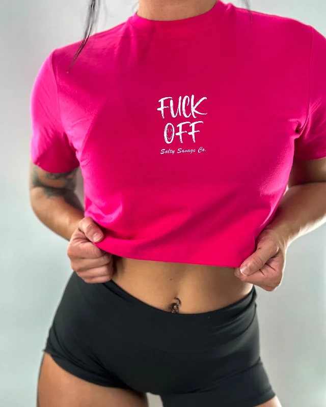 Salty Savage Ladies "Fuck Off" Performance Crop Tee | Micro Faux Fur Fabric Real Fur Fabric Shearling Fabric Salty Savage Ladies "Fuck Off" Performance Crop Tee | Micro Faux Fur Fabric Real Fur Fabric Shearling Fabric