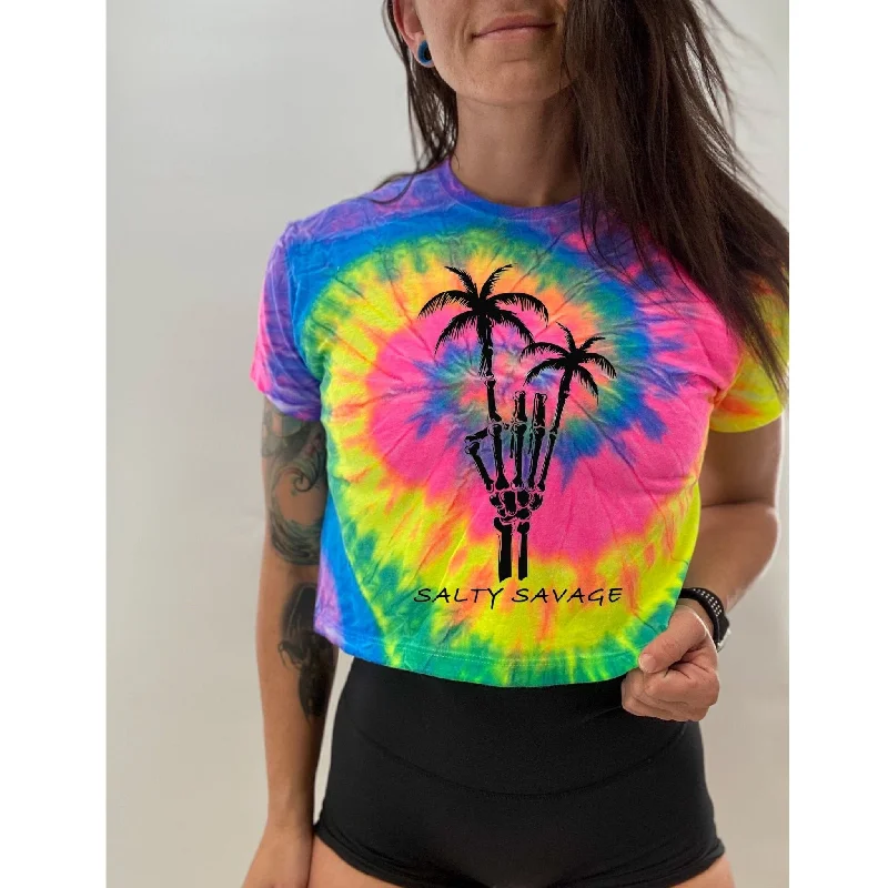 Salty Savage Ladies "Rock On" Spiral Tie Dye Crop Tee Denim Fabric Leather Fabric Suede Fabric Salty Savage Ladies "Rock On" Spiral Tie Dye Crop Tee Denim Fabric Leather Fabric Suede Fabric