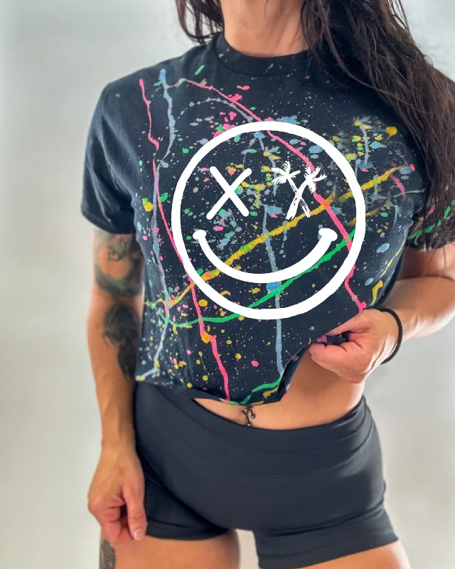 Salty Savage Ladies “Spliced Smile” Paint Splatter Crop Tee Hooded Caped Shawl Collar Salty Savage Ladies “Spliced Smile” Paint Splatter Crop Tee Hooded Caped Shawl Collar