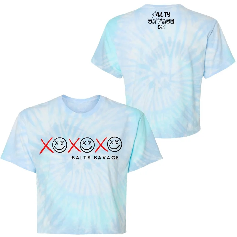 Salty Savage Ladies "XOXO" Spiral Tie Dye Crop Tee Hooded Caped Shawl Collar