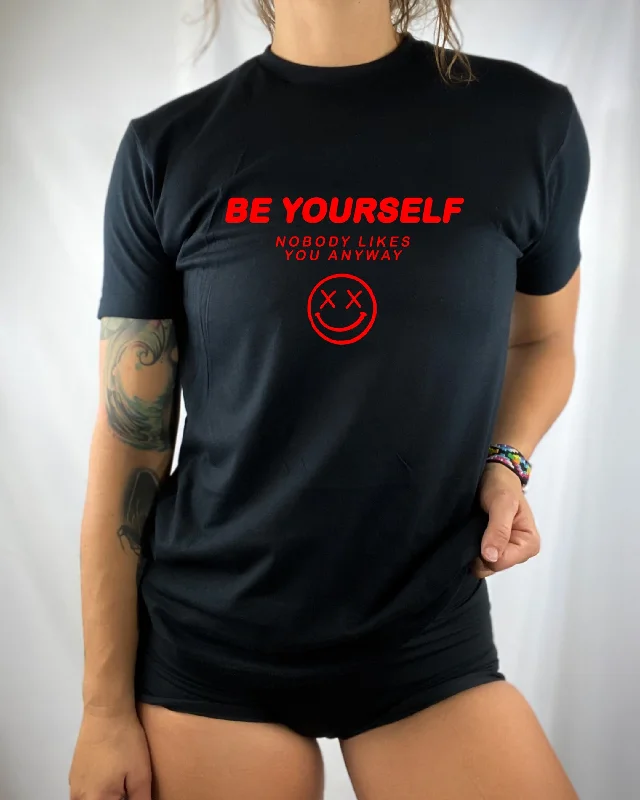 Salty Savage Unisex "BE YOURSELF, NOBODY LIKES YOU ANYWAY" Tee | Red Houndstooth Herringbone Solid
