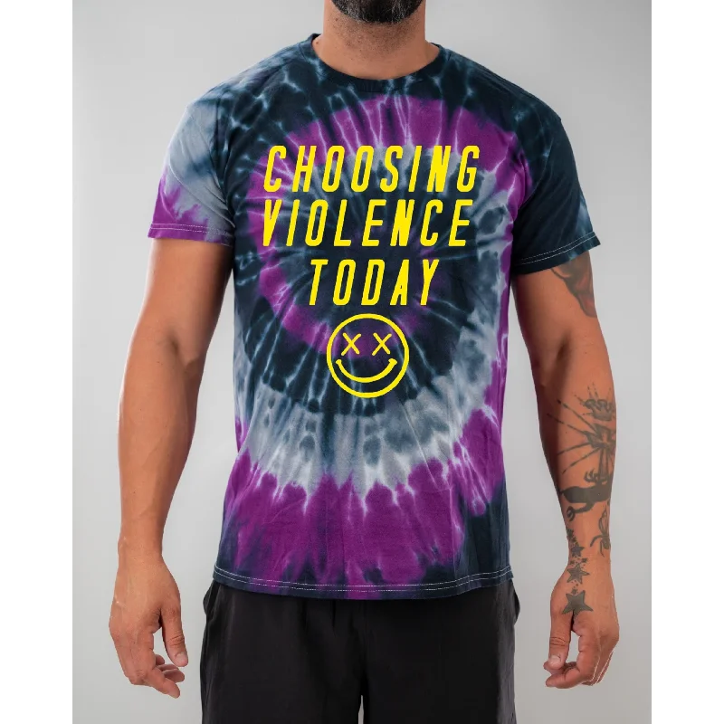 Salty Savage Unisex "CHOOSING VIOLENCE TODAY" Spiral Tie Dye Tee | Yellow Polka Dot Checkered Tartan Salty Savage Unisex "CHOOSING VIOLENCE TODAY" Spiral Tie Dye Tee | Yellow Polka Dot Checkered Tartan