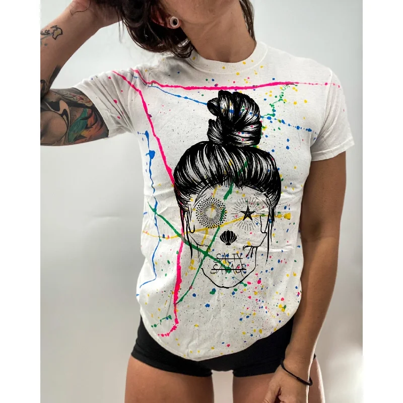 Salty Savage Unisex “Messy Bun” Paint Splatter Tee Thin T-Shirt Open Front Quick Dry Salty Savage Unisex “Messy Bun” Paint Splatter Tee Thin T-Shirt Open Front Quick Dry