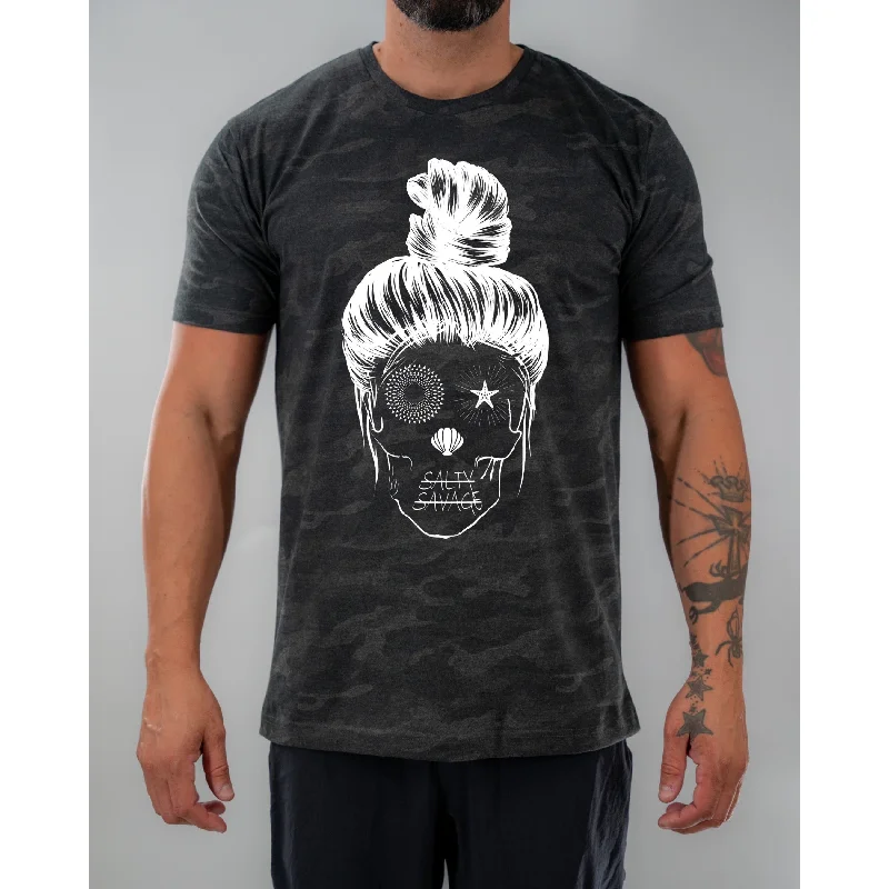 Salty Savage Unisex "Messy Bun Skull" Tee Handmade Hand-knitted Hand-woven