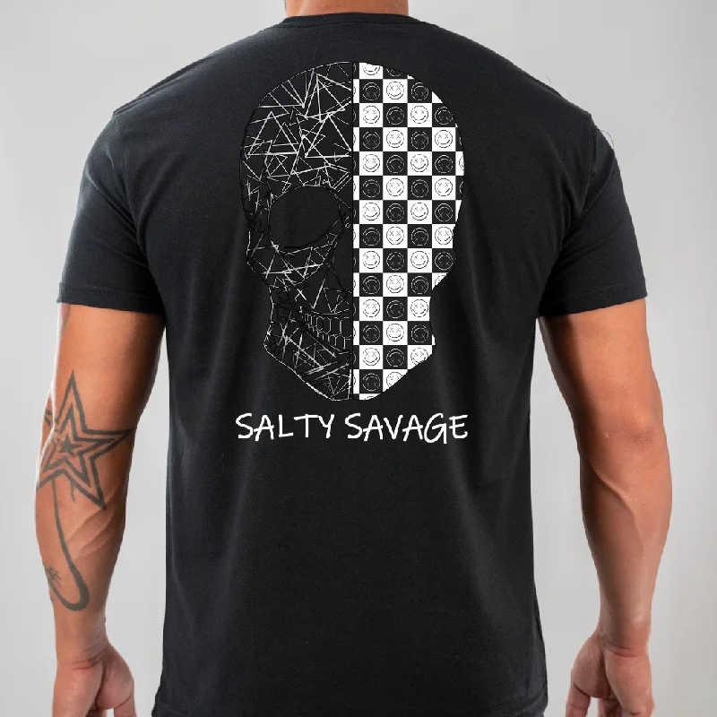 Salty Savage Unisex “Spliced Checkered Geo Skull” Tee | Black & White | Back Cozy Warm Stylish Salty Savage Unisex “Spliced Checkered Geo Skull” Tee | Black & White | Back Cozy Warm Stylish