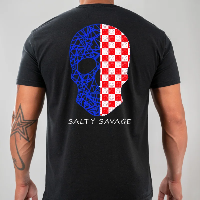 Salty Savage Unisex “Spliced Checkered Geo Skull” Tee | Red White & Blue | V2 Zippered Buttoned Snapped Salty Savage Unisex “Spliced Checkered Geo Skull” Tee | Red White & Blue | V2 Zippered Buttoned Snapped