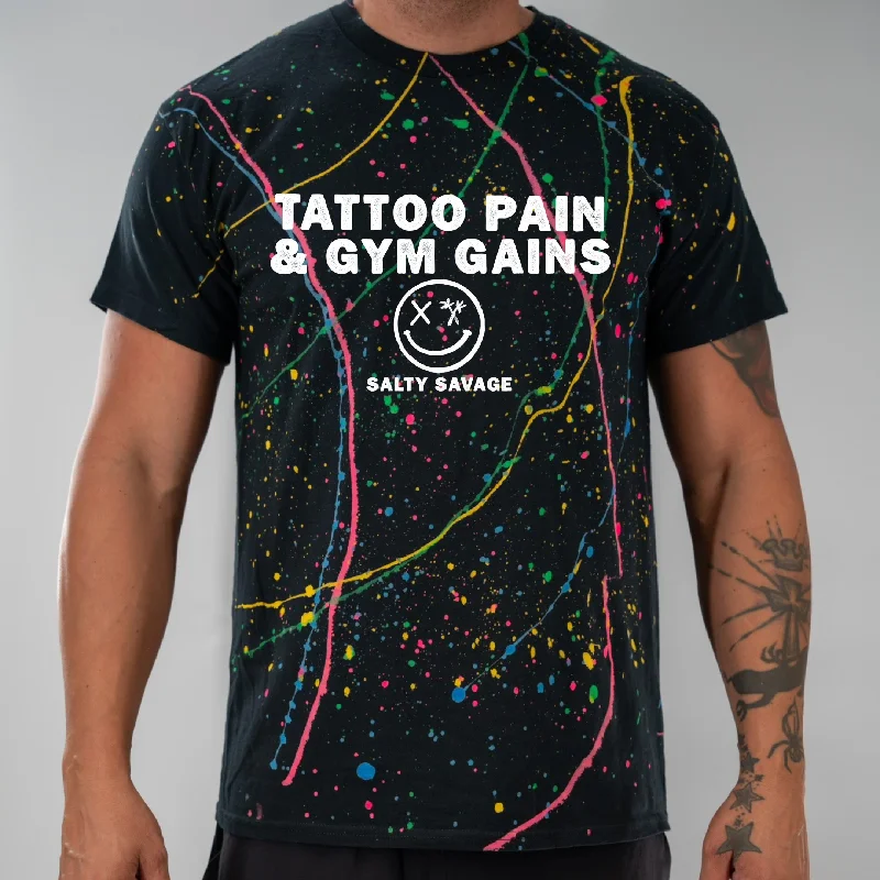 Salty Savage Unisex "TATTOO PAIN & GYM GAINS" Paint Splatter Tee Handmade Hand-knitted Hand-woven Salty Savage Unisex "TATTOO PAIN & GYM GAINS" Paint Splatter Tee Handmade Hand-knitted Hand-woven