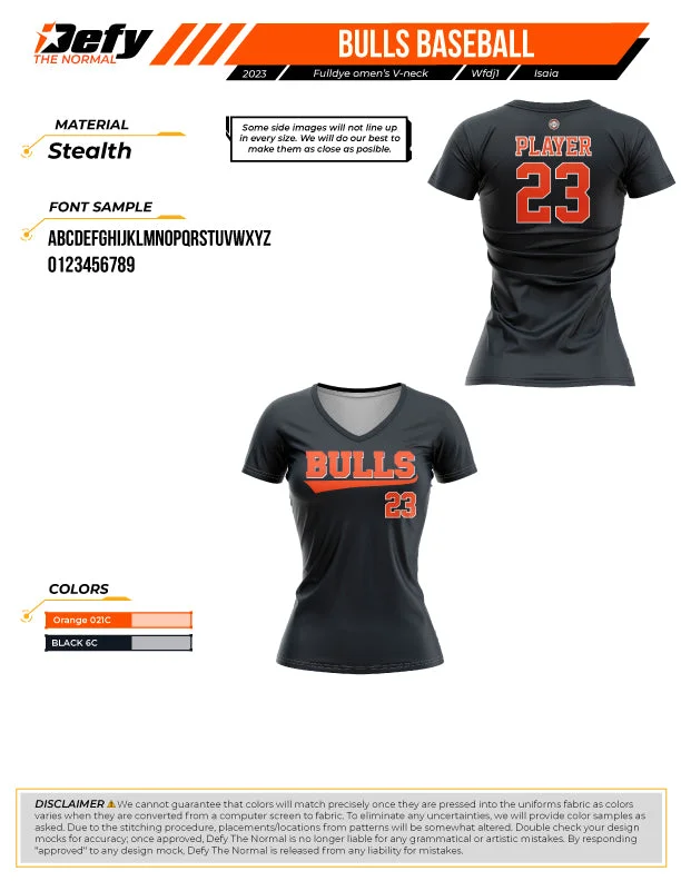 Bulls Baseball Black Womens Full Dye Jersey Limited Edition Jersey Tee