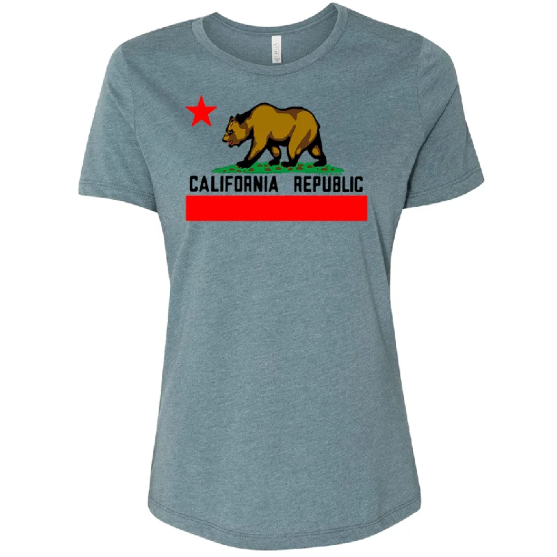 California Republic Borderless Bear Flag Black Text Women's Relaxed Jersey Tee Spring Jersey Blouse