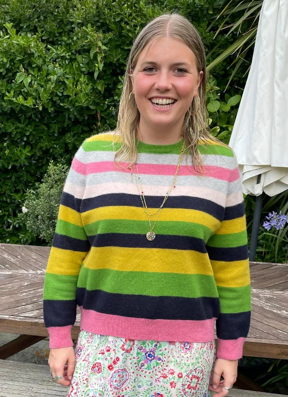 Crew Neck Jersey with green,  navy, yellow and pink stripes, 43”, L Boutique Jersey Tee