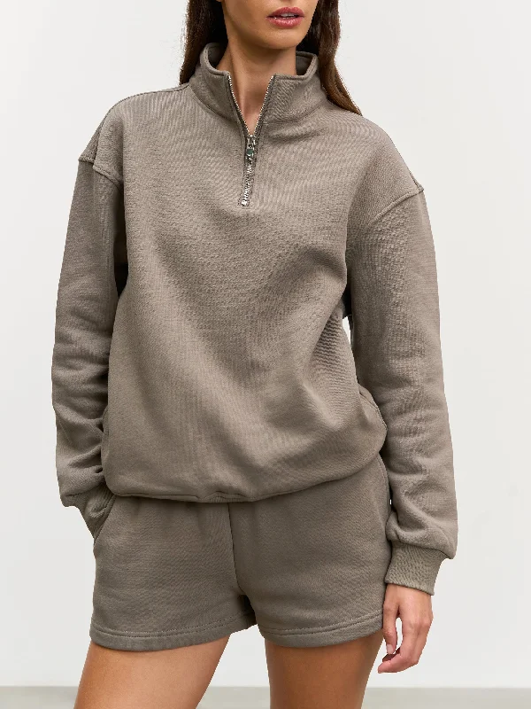Womens Relaxed Jersey Funnel Neck in Taupe Off Shoulder Jersey Top